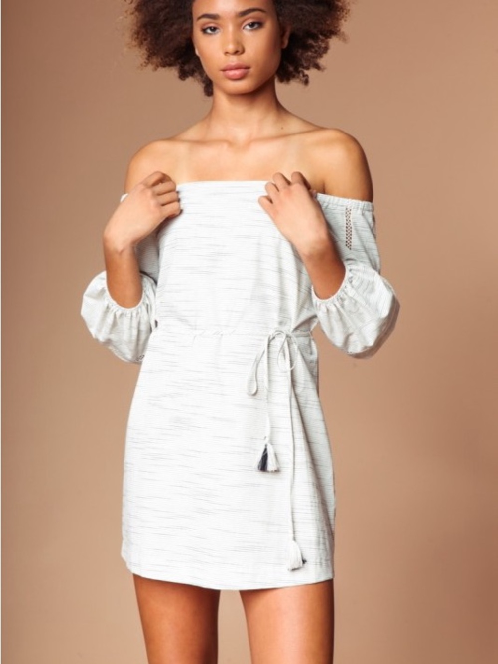 Off-Shoulder White Striped Tassel Tie Dress